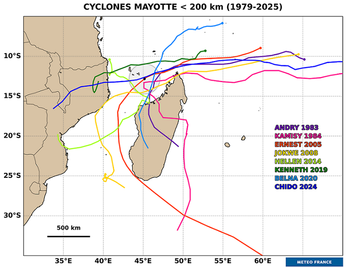 Cyclones à moins de 200 km de Mayotte