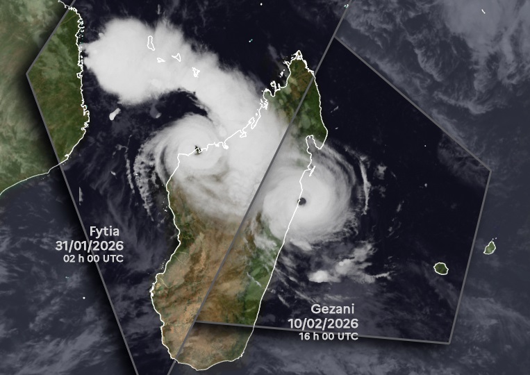 Montage satellite composite Fytia/Gezani touchant terre sur Madagascar