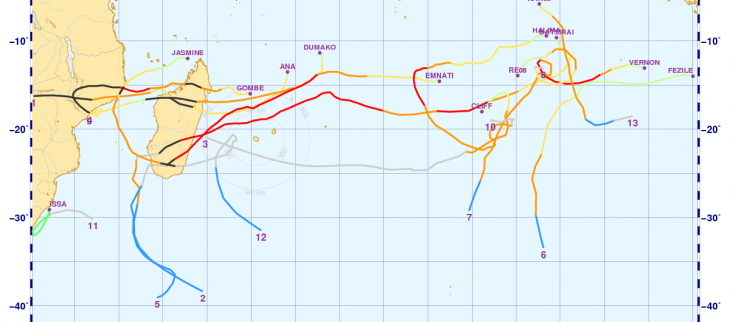 Trajectoires des systèmes cycloniques de la saison 2021-2022 dans le sud-ouest de l'océan Indien
