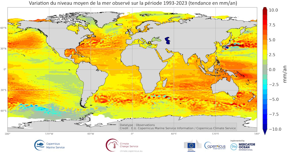 Variation du niveau moyen de la mer observé sur la période 1993-2023. © Copernicus