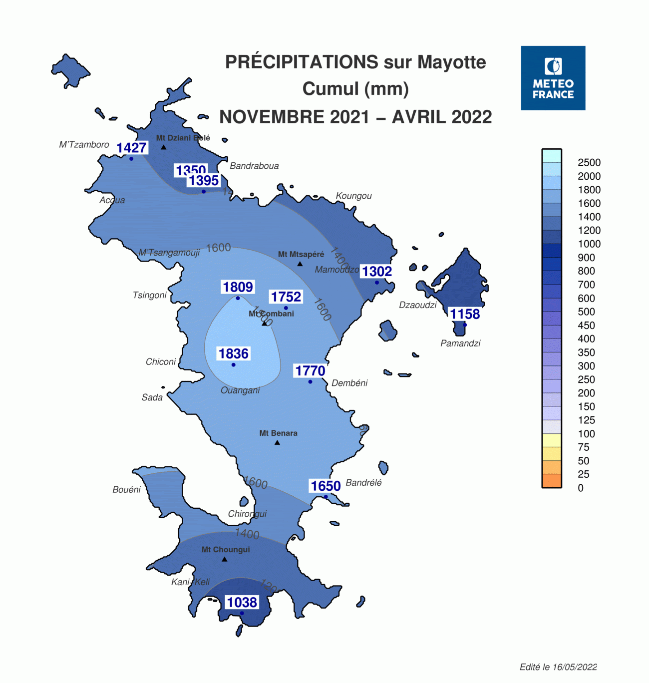 Carte des cumuls de pluie à Mayotte - Saison des Pluies 2021-2022
