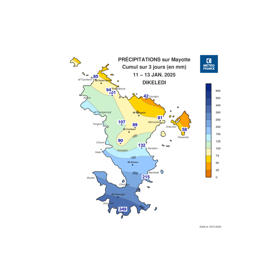 Cumuls de précipitations du 11 au 13 janvier 2025 à Mayotte (tempête Dikeledi)