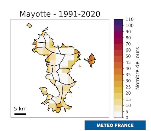 Carte du nombre annuel de nuits chaudes. © Météo-France