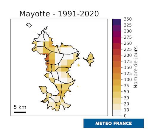 Carte du nombre annuel de jours chauds. © Météo-France