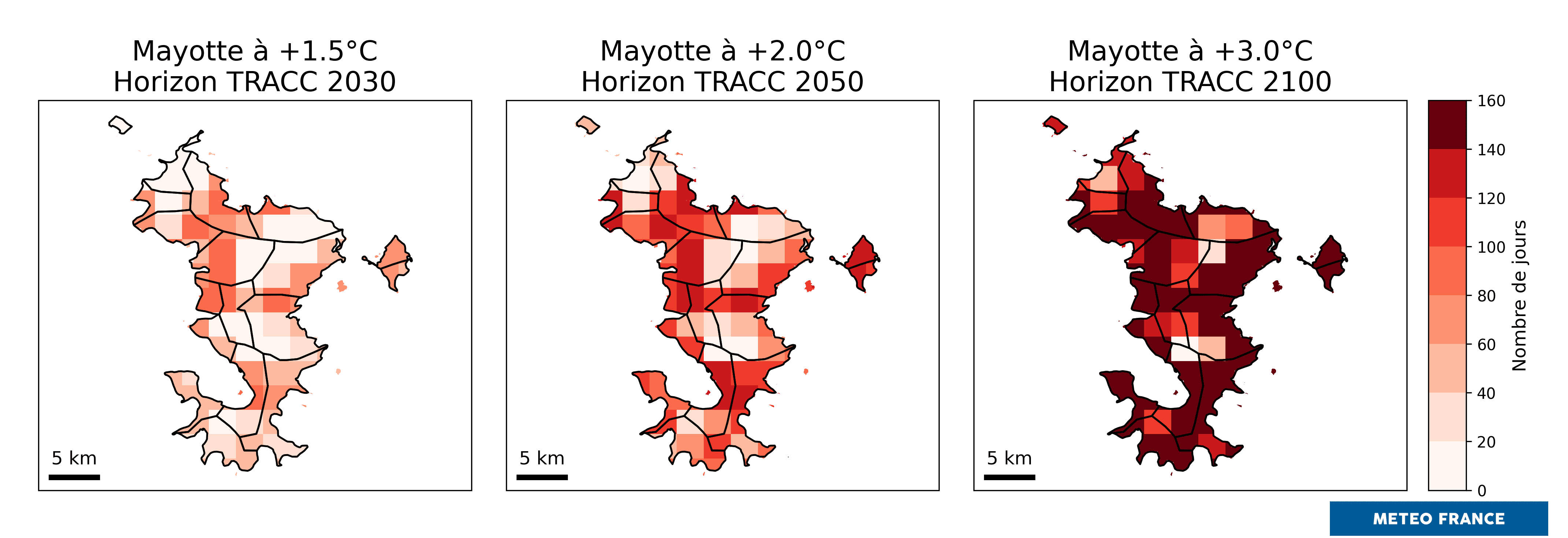 Évolution, par rapport au passé récent 1991-2020, du nombre annuel de jours chauds. © Météo-France