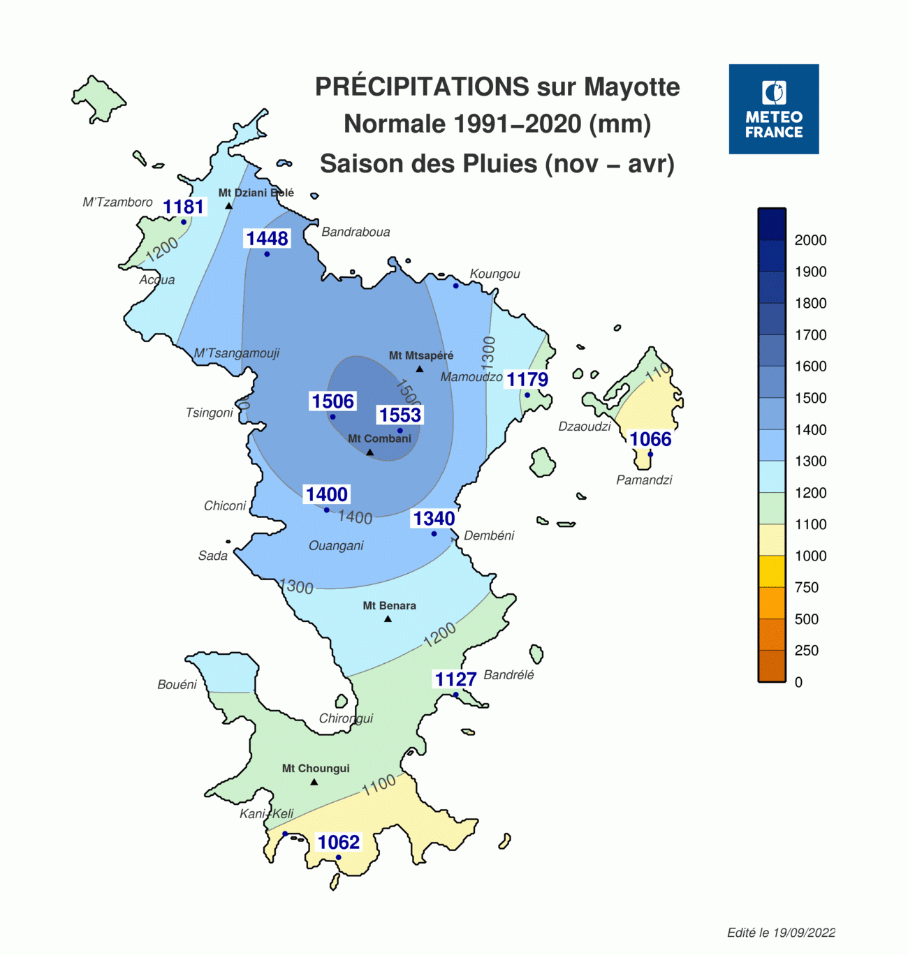 Normale 1991-2020 des précipitations sur Mayotte pendant la saison des pluies (novembre à avril) © Météo-France