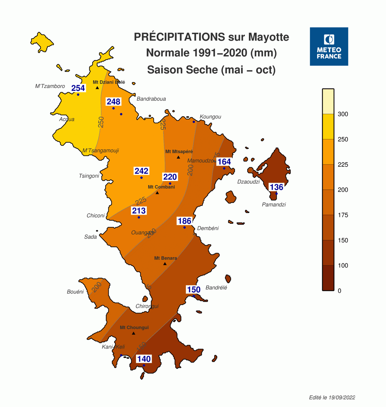 Normale 1991-2020 des précipitations sur Mayotte pendant la saison sèche (mai à octobre) © Météo-France