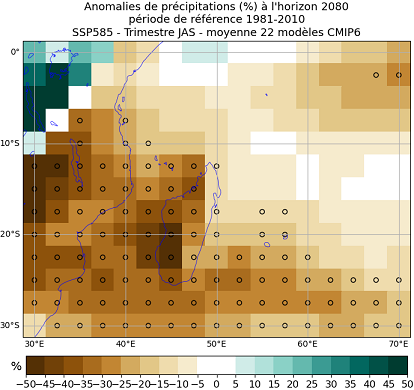 précipitations CMIP6 trimestre JAS SSP5-8.5 Sud ouest océan Indien