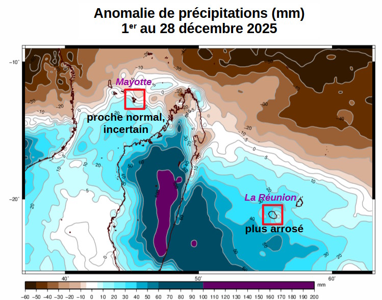 Anomalie de précipitation (mm) entre le 1er et le 28 décembre 2025