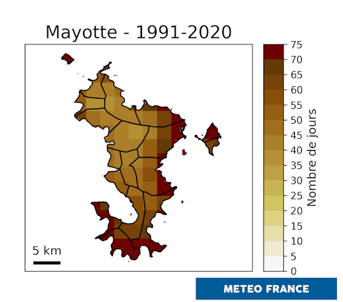 Carte du nombre maximum de jours sans pluie en saison sèche. © Météo-France