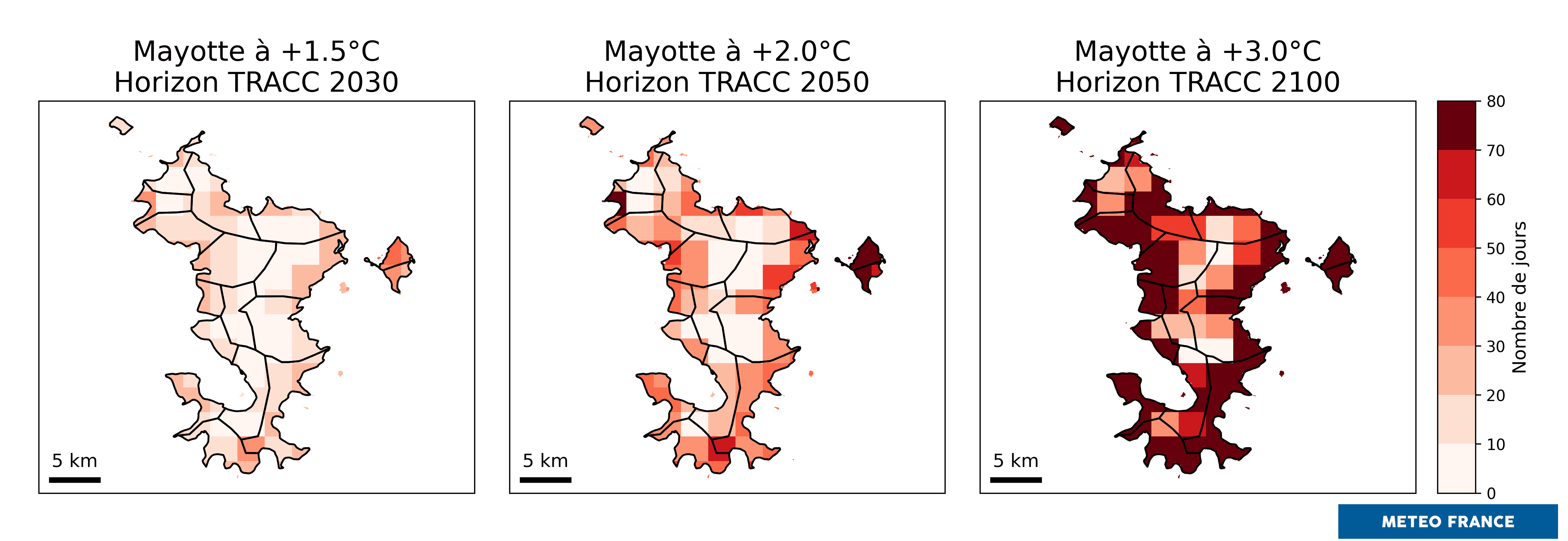 Évolution, par rapport au passé récent 1991-2020, du nombre annuel de nuits chaudes. © Météo-France