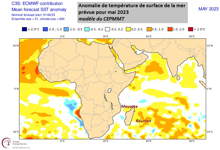 Anomalie de température de surface de la mer prévue pour le mois de mai 2023